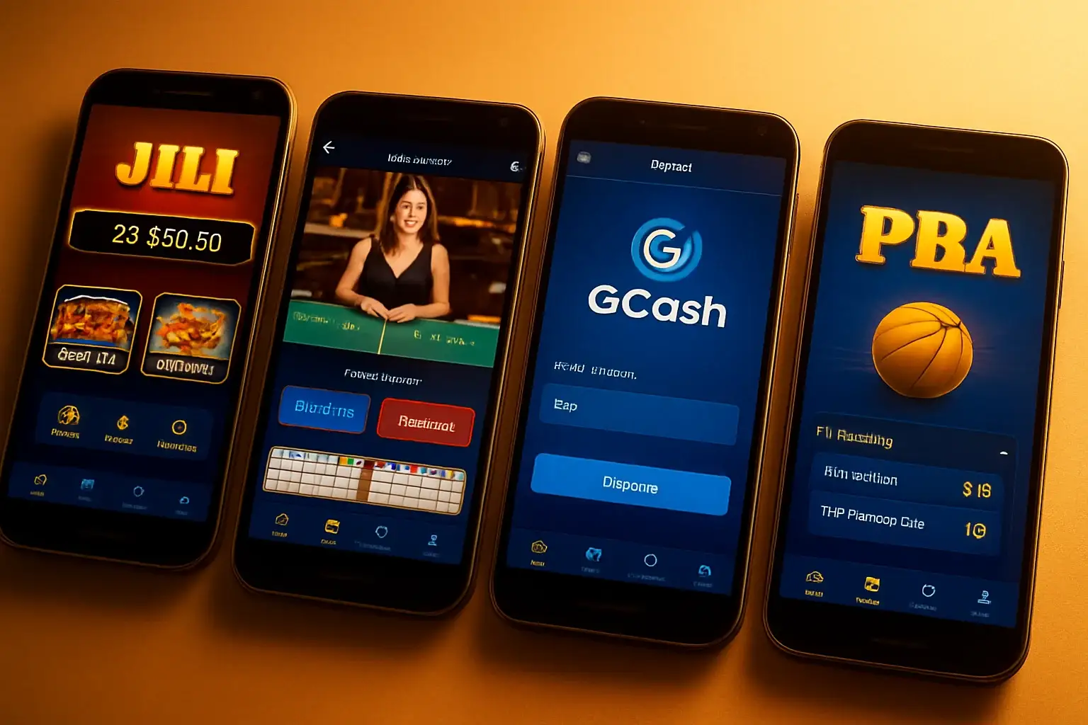 Multiple Android screens showing Philippine casino app with slots, baccarat, GCash, sports betting