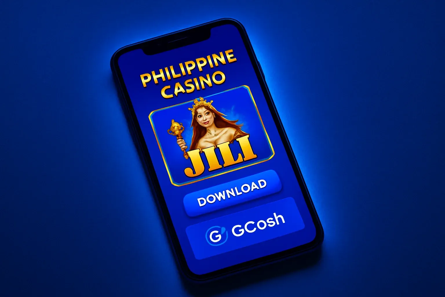 Android smartphone showing JILI casino app with GCash payment and download button