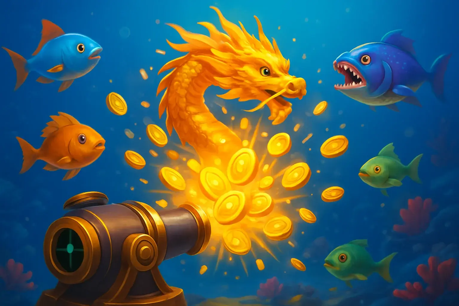 Vibrant Philippine casino fishing game with colorful fish, cannon UI, coin explosions