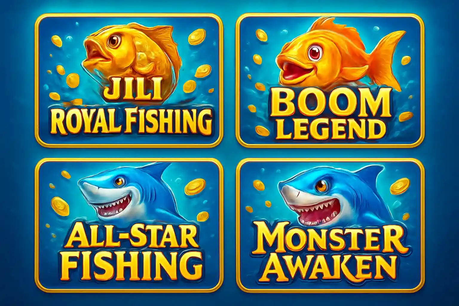 Grid of popular Philippine fishing game thumbnails in vibrant blue and gold