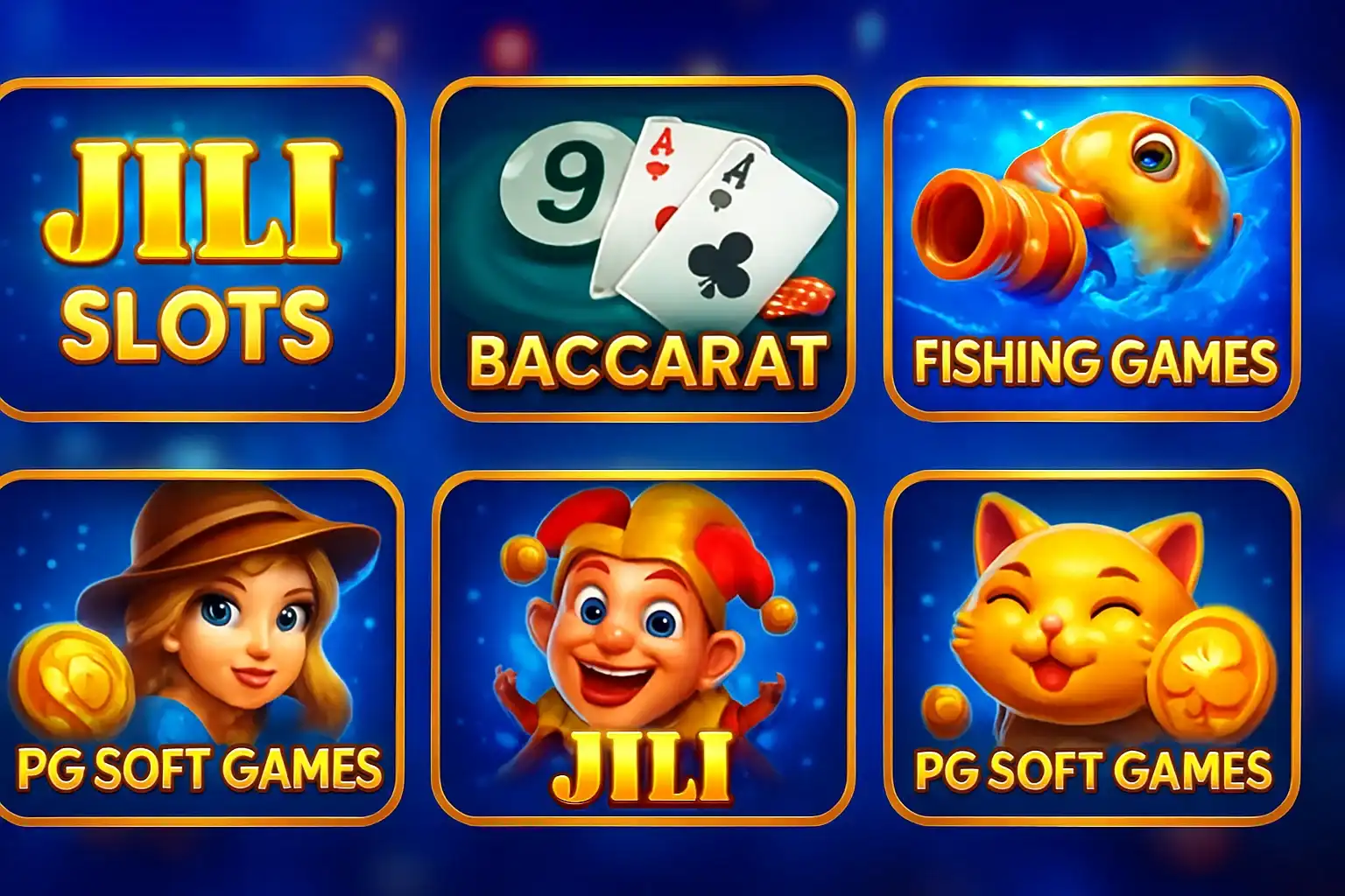 Colorful grid of Philippine casino game thumbnails with blue and gold UI