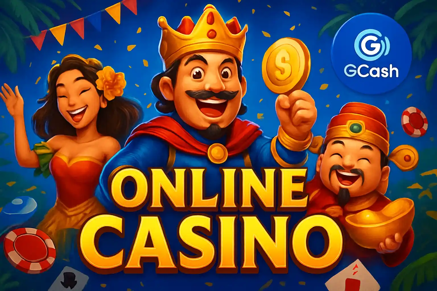 Vibrant Philippine online casino hero banner with JILI characters and GCash badge