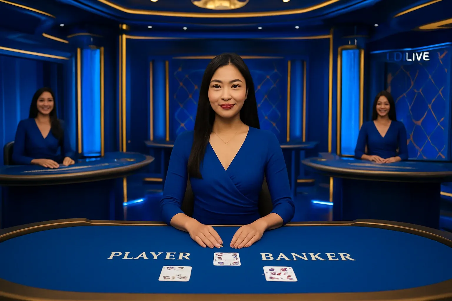 Elegant live casino studio with Asian dealers, baccarat and blackjack tables