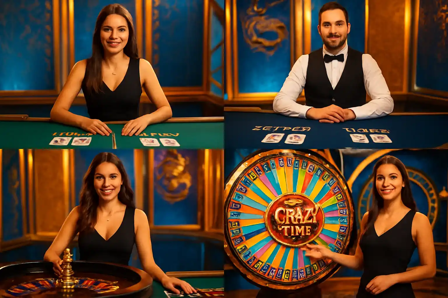 Live casino game cards with dealers, baccarat, roulette, and Crazy Time wheel