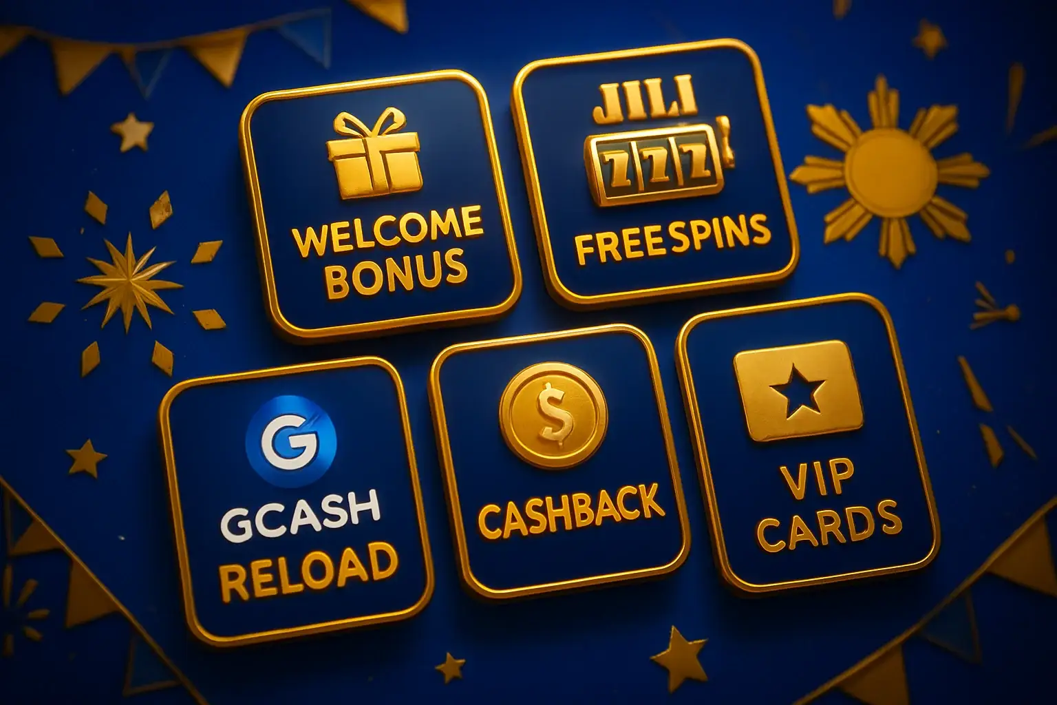 Welcome bonus, JILI free spins, GCash reload, cashback and VIP cards display