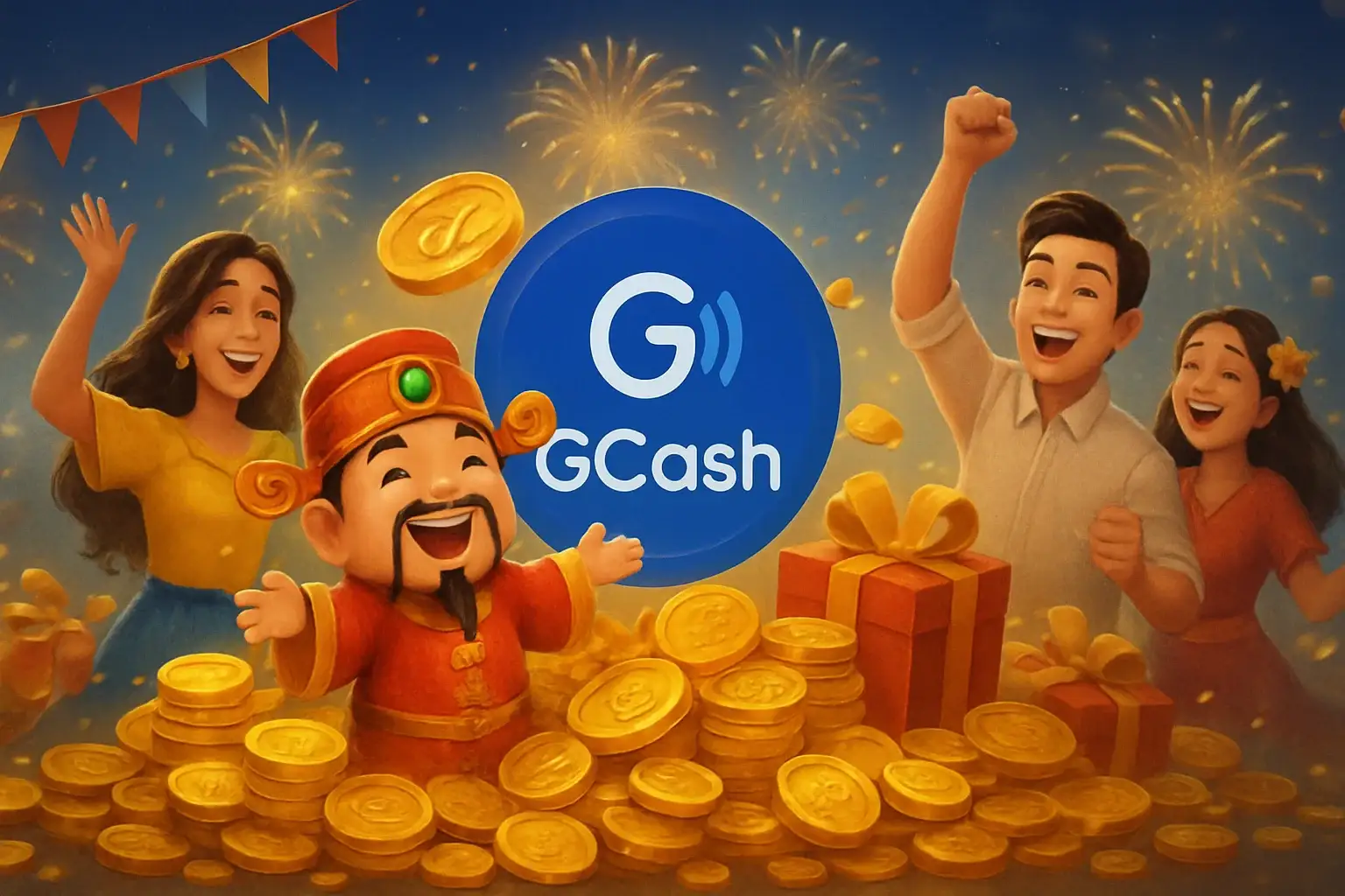 Philippine casino promotions banner with GCash badge, JILI characters, gold coins