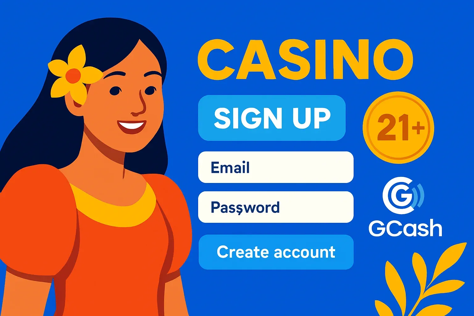 Philippine casino registration illustration with GCash logo and gold 21+ badge