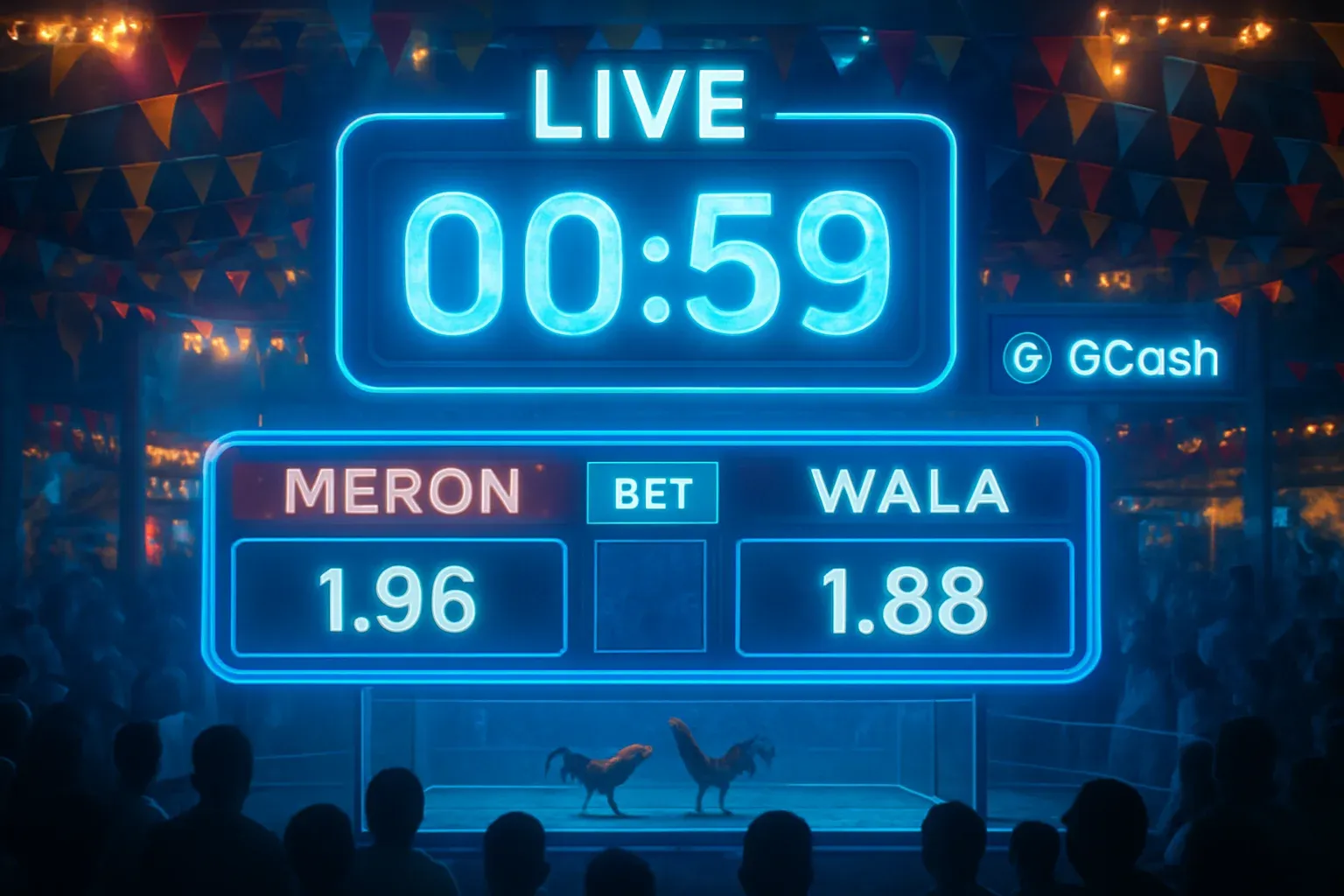 Live sabong countdown timer with Meron vs Wala betting panel and GCash badge