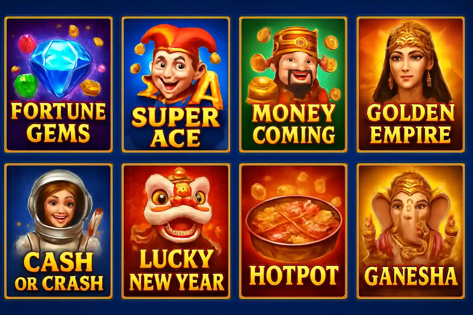 Grid of JILI and PG Soft slot game thumbnails on blue gold background