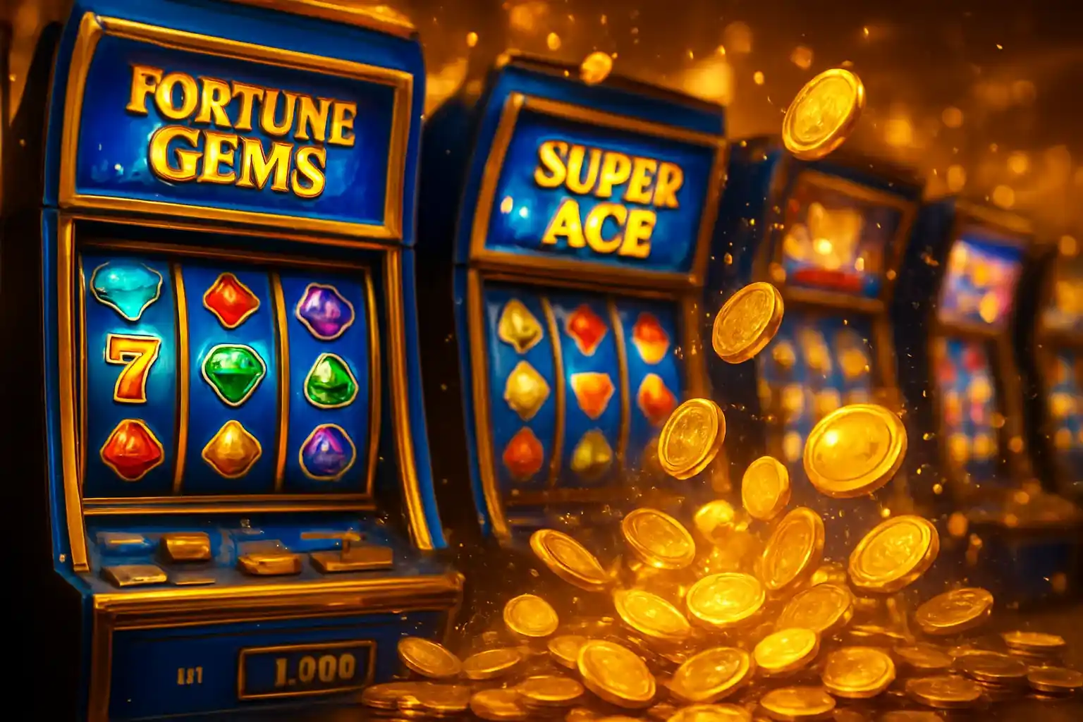 Bright Philippine casino slot machines with JILI symbols and exploding gold coins
