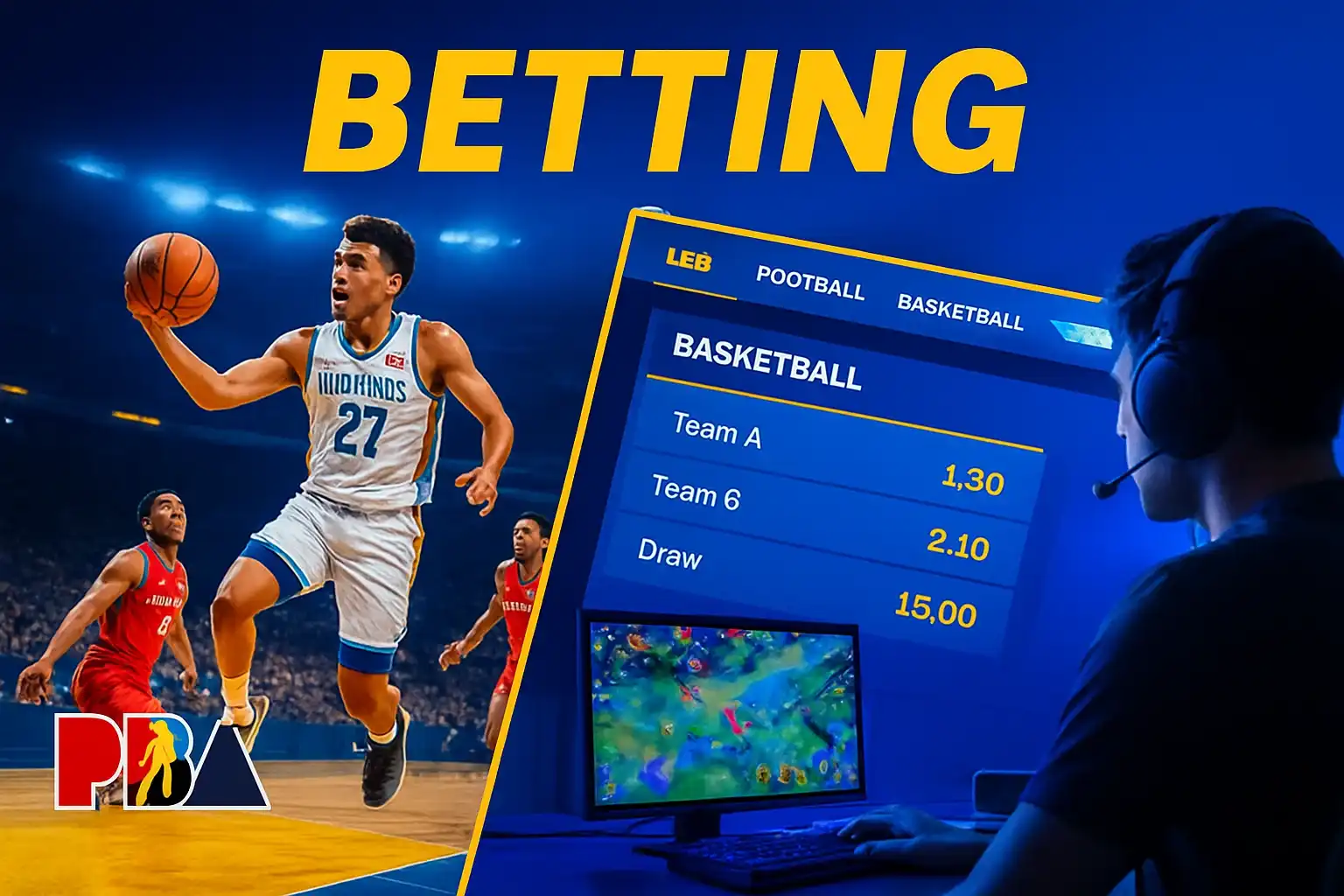 Dynamic Philippine sports betting banner with PBA action and Mobile Legends setup