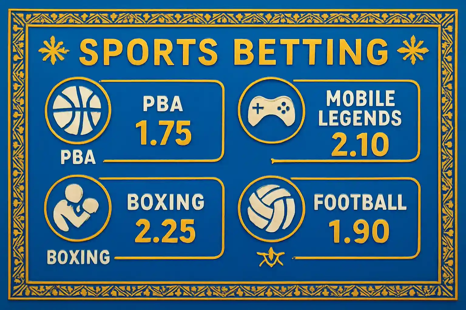 Sports betting markets with PBA, Mobile Legends, boxing, volleyball, football odds